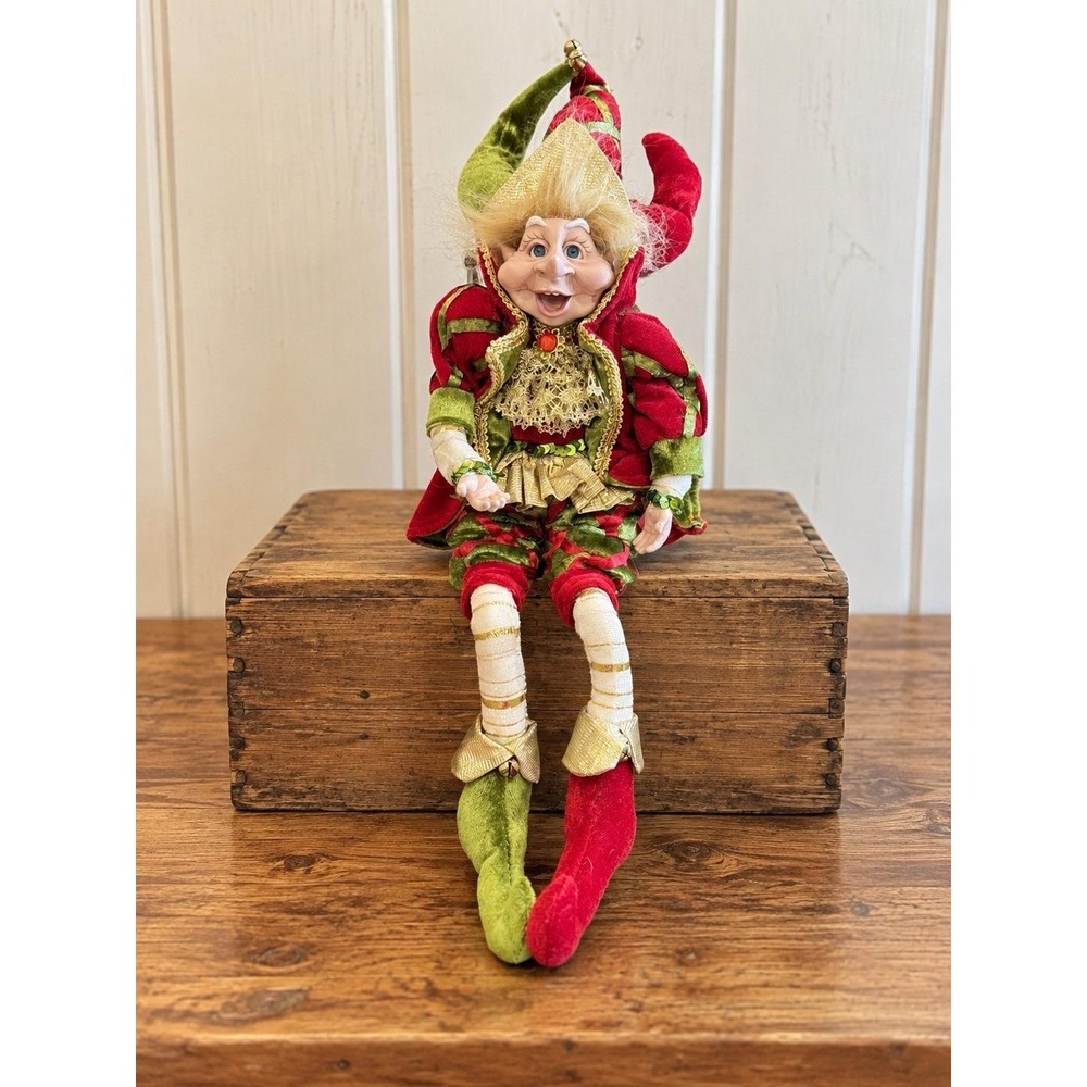Vtg Christmas Elf Jester Posable Red Green Whimsical Holiday Shelf Sitter
